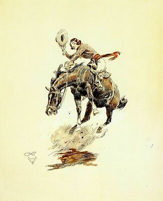 #ad Bucking Bronco Cowgirl Western by Charles Russell art painting print $8.09