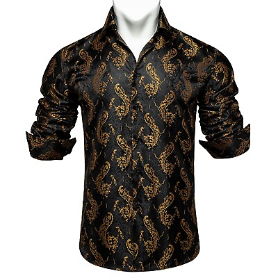 #ad Black Gold Dress Shirt Men Silk Casual Button down Business Party Small $18.99