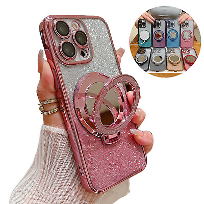 #ad For iPhone 15 14 13 12 11 Pro Max XR 8 7 Glitter Magnetic Mirror Ring Stand Case $9.99