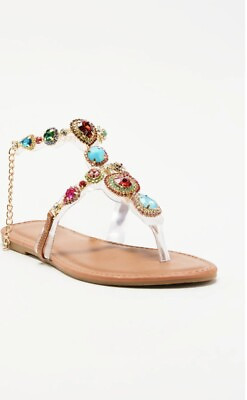 #ad New Fashion Nova Sz 9 Embellished Multi Color Strappy Sandals $30.00