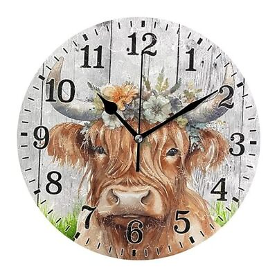#ad Clock Bathroom Black25x25cm Cute Highland Cow Wearing Flower Crown Watercolor $41.05