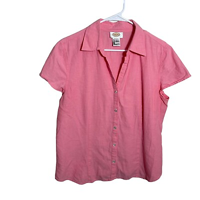 #ad Talbots Shirt Women#x27;s Large Cotton V Neck Short Sleeve Collared Pink $7.04