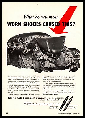 #ad 1958 Monroe Monro Matic Shock Absorbers Bad Car Accident Photo Vintage Print Ad $9.95