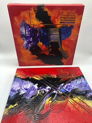#ad Contemporary Art 12quot; x 12quot; Panels Artist Signed Red Multicolor Abstract Original $250.00