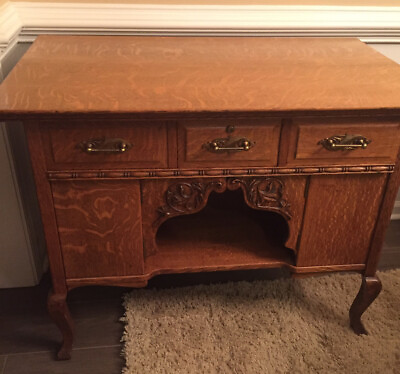 #ad Antique carved oak desk table $1500.00