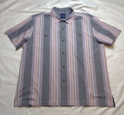 #ad Tommy Bahama Shirt Mens 2XL Blue Stripe Button Short Sleeve Men Silk Blend $20.30