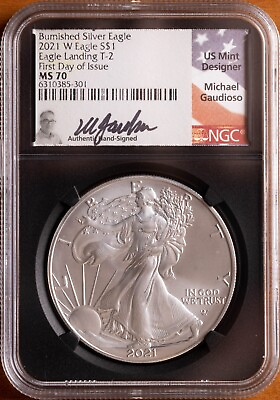 #ad 2021 W $1 BURNISHED Silver Eagle Type 2 MS 70 1ST DAY OF ISSUE GAUDIOSO signed $122.00