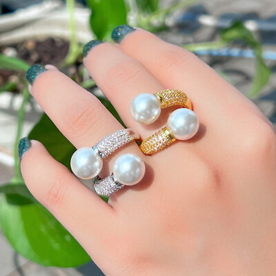 #ad Luxury Adjustable Yellow Gold Plated CZ Double Pearl Finger Ring for Women Party $7.58