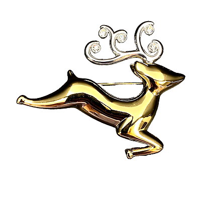 #ad Reindeer Brooch Pin Silver Goldtone Two Tone Rhinestone 2 5 8 Christmas Holiday $9.99