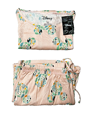 #ad Disney 2 Piece Capri Pajama Set Womens Medium Pink Floral Short Sleeve Lounge $14.99