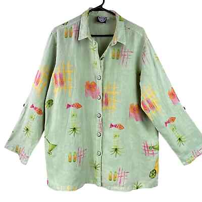 #ad Vintage Produce Company 100% Linen Button Front Shirt Tunic XL Beach Cocktails $38.00