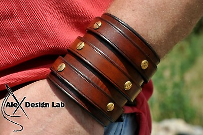 #ad wide brown studded Leather cuff Bracelet with three straps wristband Extra class $69.00