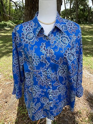 #ad New Chaps No Iron Shirt Blouse Cotton Contrasting Trim Long Sleeve 2X Button Up $24.95