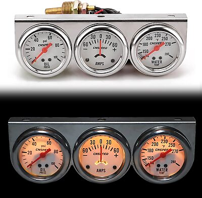 #ad #ad 2quot; 52mm Oil Pressure Amp Meter Water Temp Triple Gauge 3 in 1 Set Chrome Panel $25.89