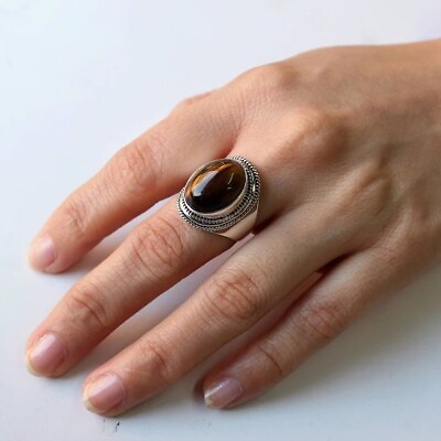 #ad Natural tiger#x27;s eye ring Sterling silver large gemstone ring statement ring $130.40