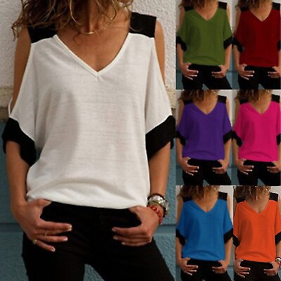 #ad Women Casual Tops Colorblock Cold Shoulder V Neck Short Sleeve T Shirt Blouse $16.73