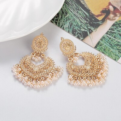 #ad Boho Vintage Indian Jhumka Dangle Earrings Pearl Tassel Gold Wedding Jewelry $10.99