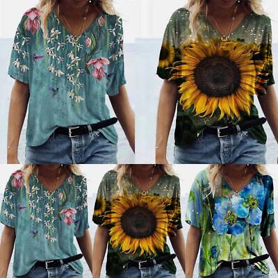 #ad Womens Summer Floral Printed Short Sleeve V Neck Top Ladies Casual Loose T shirt $15.29