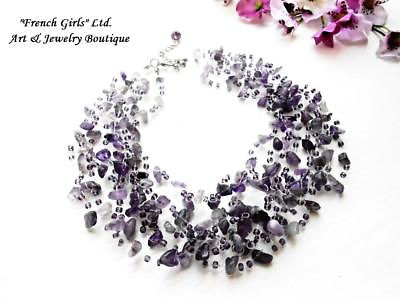 #ad Raw Amethyst Crystal Gemstone Floating Multistrand Air Crochet Purple Necklace $38.00