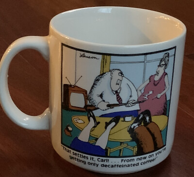 #ad Far Side Coffee Cup Mug Larson Funny Gag Cartoon Carl Decaffeinated Shotgun 1980 $15.99