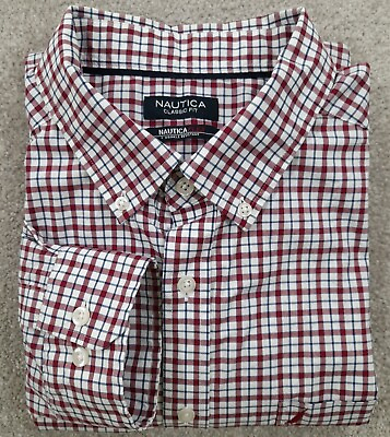 #ad NAUTICA Mens Button Up Shirt EXTRA LARGE Long Sleeve RED WHITE BLUE Plaid 0536 $10.39