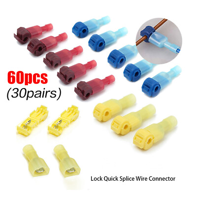 #ad 60pcs T Taps Wire Connectors Quick Splice Terminals Insulated Crimp Cable $8.75