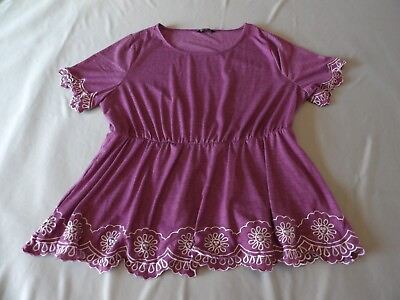 #ad Bloomchic 14 16 Top Tunic Shirt Purple White Embroidered Floral Boho Flowy $14.98