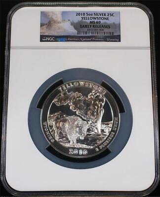 #ad 2010 .25C 5 oz. .999 Silver ATB Yellowstone Nat#x27;l. Park NGC MS69 Early Releases $295.00