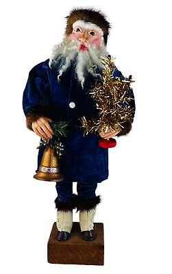 #ad Vtg santa Handmade signed 1991 w gold tinsel tree amp; bell Christams Decor 22quot;H $59.19