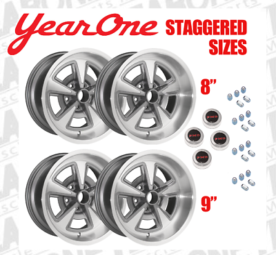 #ad YearOne Pontiac Rally II Staggered Gun Metal Gray Wheel Kit BLK PMD CAPS $1099.99