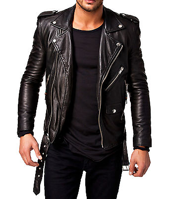 #ad Men Leather Jacket Black Slim fit Biker genuine lambskin jacket $99.99