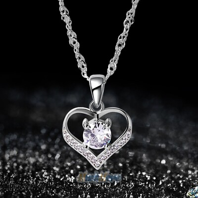 #ad 925 Sterling Silver Love Heart Cubic Zirconia CZ Pendant Necklace 18quot; Gift Box $9.87