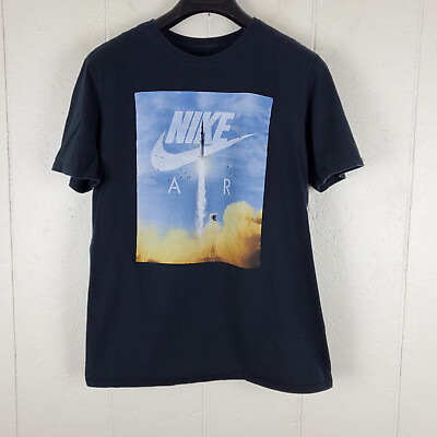 #ad Nike Air Shirt Men Large Black Graphic Crew Neck Short Sleeve Stretch Space Ship $11.32