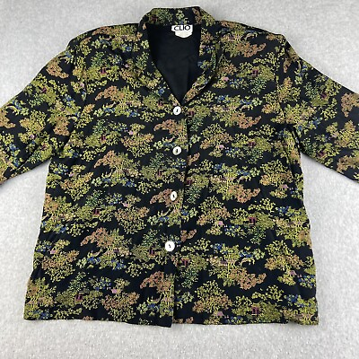 #ad Vintage CLIO Top Womens Medium M Black Button Up Japanese Bonsai Tree All Over $14.50