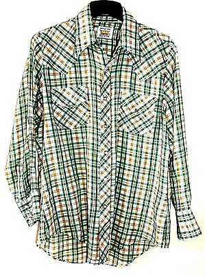 #ad 60s 70s Vintage KINGSFIELD Button Front Shirt Sz Large Green Orange Plaid $24.99