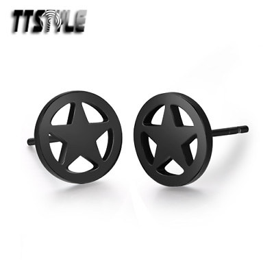 #ad TTstyle Black Stainless Steel Round Star Stud Earrings A Pair 8 10mm NEW AU $8.99