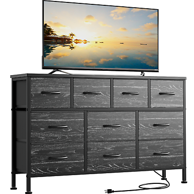 #ad 10 Drawer Dresser 43quot; TV Stand with Power Outlet Chest of Drawers Storage Black $99.99