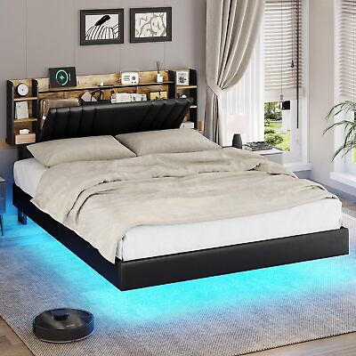 #ad RGB LED Floating Bed Frame with Storage Headboard Upholstered Platform Bed Black $269.89