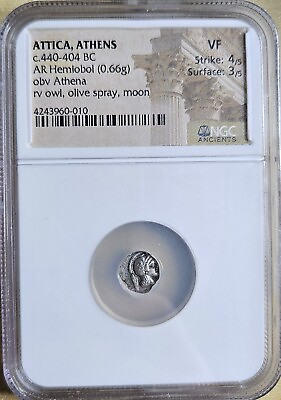 #ad ATTICA Athens. Silver Hemiobol 440 404 B.C. Owl NGC VF Very Fine $379.99