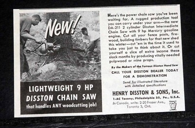 #ad 1952 OLD MAGAZINE PRINT AD DA 211 2 CYL LIGHTWEIGHT 9 HP DISSTON CHAIN SAW $12.99