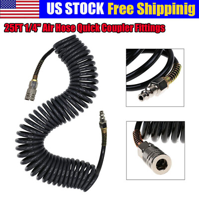 #ad #ad 1 4quot; 25 FT Coiled Air Hose Recoil Spring Ends Pneumatic Compressor Quick Coupler $13.00