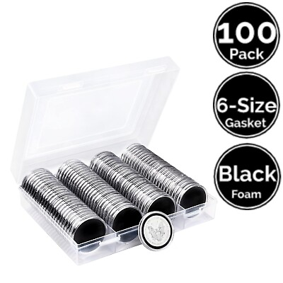 #ad 100 Pack 46 mm Coin Capsules w 6 20 25 30 35 40.6 46mm Black Gasket 4 US Eagle $24.95