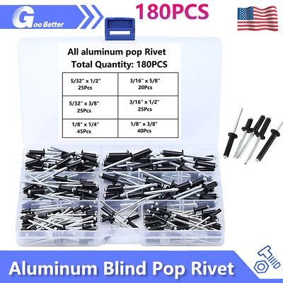 #ad 180Pcs Aluminum Dome Head Blind Pop Rivet Assortment Set 6 Sizes 5 32 3 16quot; 1 8quot; $12.49