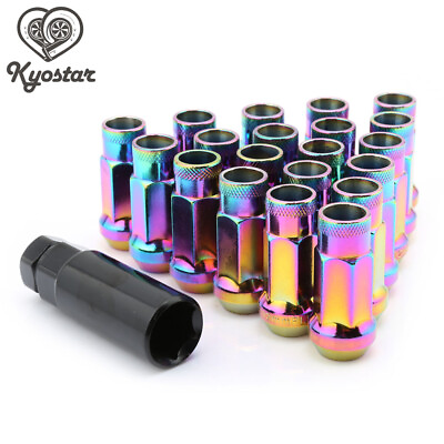 #ad 20pc 48mm Neo Chrome Steel Wheel Lug Open End Extended Nuts Set M12x1.5mm Key $32.96