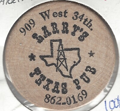 #ad Larry#x27;s Texas Pub 909 West 34th Advertising Bar Token Buffalo Wooden Nickel $6.45