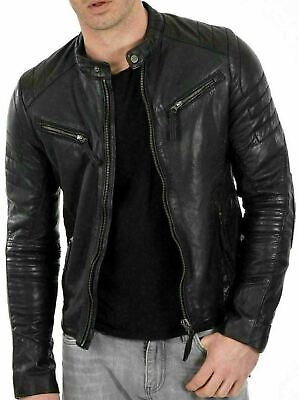 #ad New Men#x27;s Genuine Lambskin Leather Jacket Black Slim fit Biker jacket $98.99