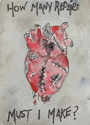 #ad ACEO Original Abstract Outsider Watercolor Painting Word Art Broken Heart Repair $6.99