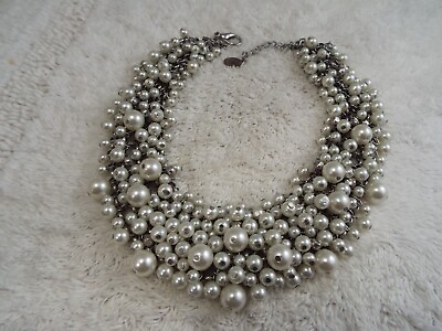 #ad Silvertone White Bead Chain Mesh Collar Necklace F51 $28.98