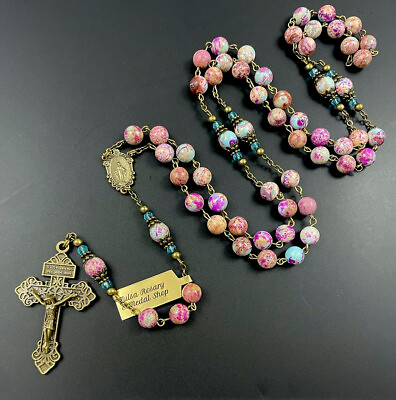 #ad Catholic Purple Galaxy Sedimentary Jasper Stone Rosary Pardon Crucifix With Tag $49.99