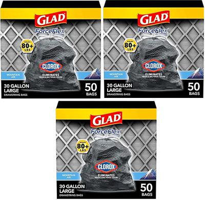 #ad Glad ForceFlexPlus Drawstring Large Mountain Air Trash Bags 30gal 150 Ct Black $61.99